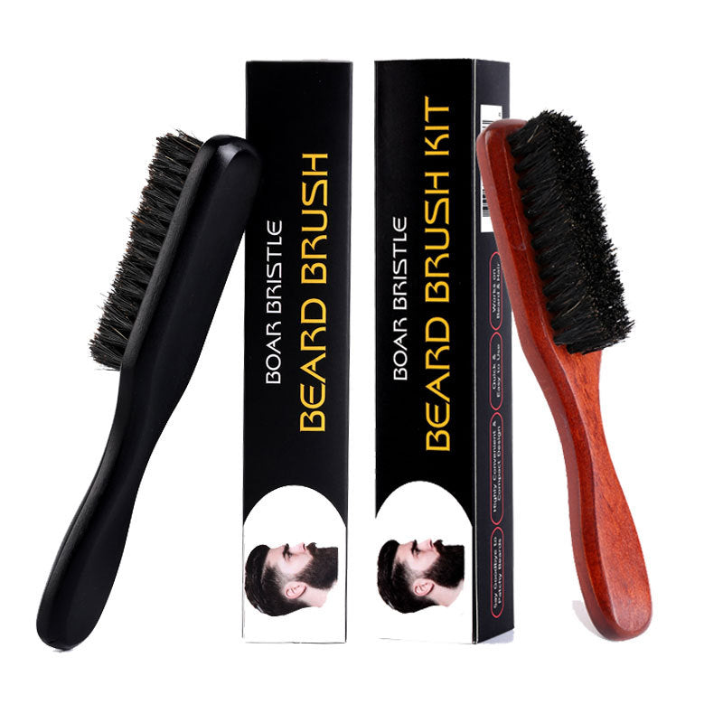 Beard brush kit with two brushes and packaging on a white background