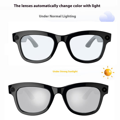 Black sunglasses with photochromic lenses showing color change under different lighting conditions.
M01Pro smart glasses with voice control and AI features
AR glasses playing music and answering calls hands free
Smart glasses with translation and ChatGPT integration
Stylish wearable tech glasses with anti blue light lenses
