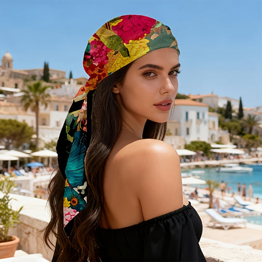 oversized floral hijab scarf lightweight breathable fabric
women multicolor hijab shawl styled for casual outfit
large square scarf worn as shawl and head covering
floral print hijab for travel and outdoor wear
lightweight polyester hijab scarf with soft drape