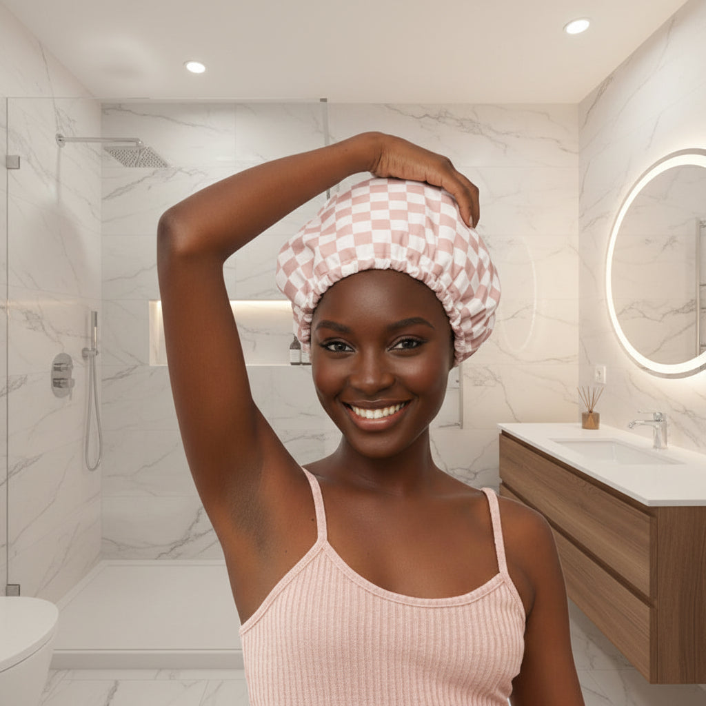 Woman wearing a checkered shower cap in a modern bathroom