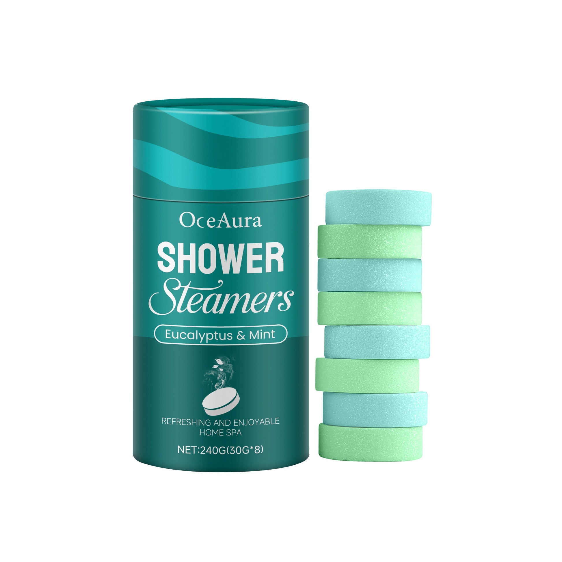 OceAura Shower Steamers Eucalyptus and mint bath tablet for relaxing aromatherapy soak with refreshing scent and cleansing effect.