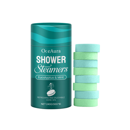 OceAura Shower Steamers Eucalyptus and mint bath tablet for relaxing aromatherapy soak with refreshing scent and cleansing effect.