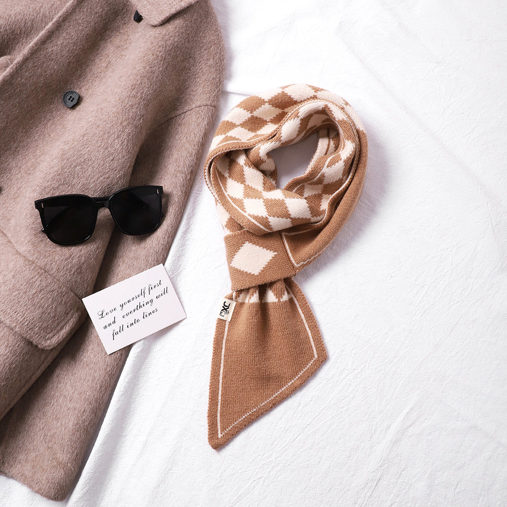 Houndstooth Knit Scarf – Lightweight Narrow Winter Layering Fashion Scarf.