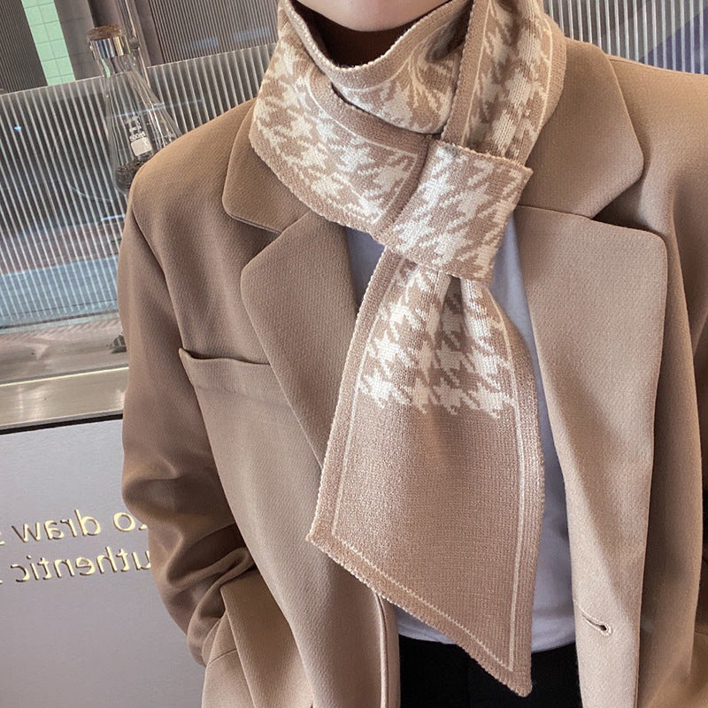 Houndstooth Knit Scarf – Lightweight Narrow Winter Layering Fashion Scarf.