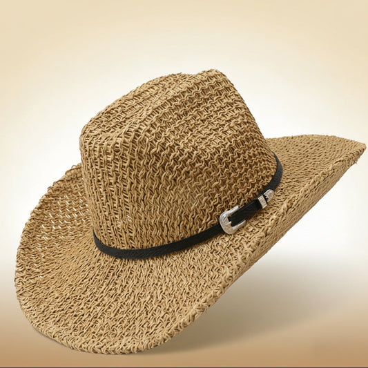 khaki straw cowboy hat wide brim woven western style
straw western hat black ribbon band metal buckle detail
breathable straw cowboy hat for beach rodeo outdoor wear
elegant woven straw hat wide brim sun protection